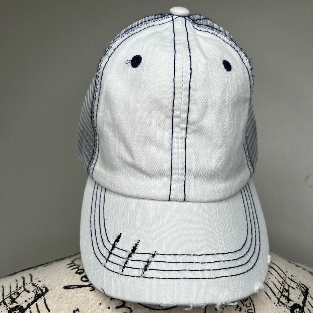 Brand New-White & Blue Distressed Baseball Hat